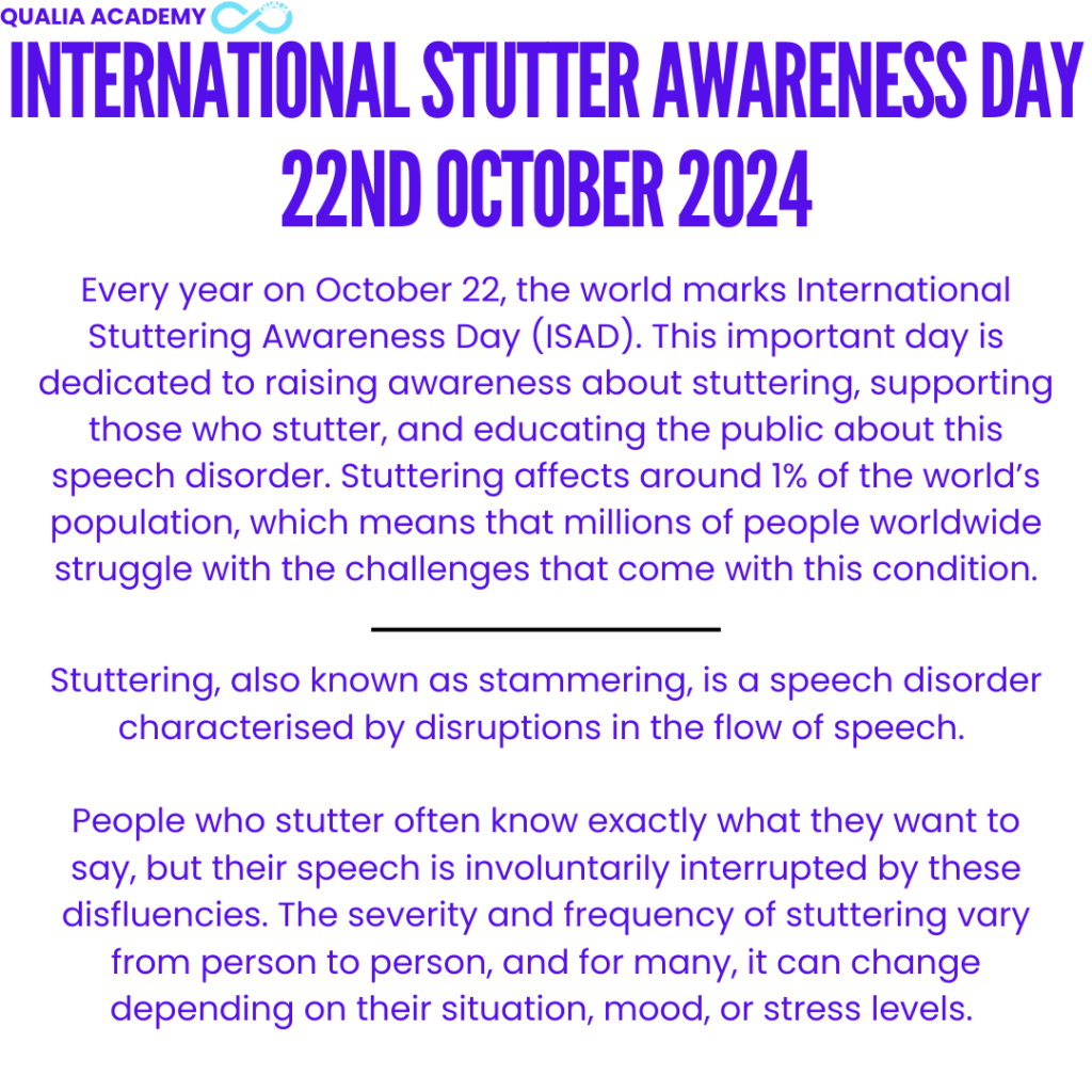 Stuttering awareness week image of information from the first section of the blog along with date and title.