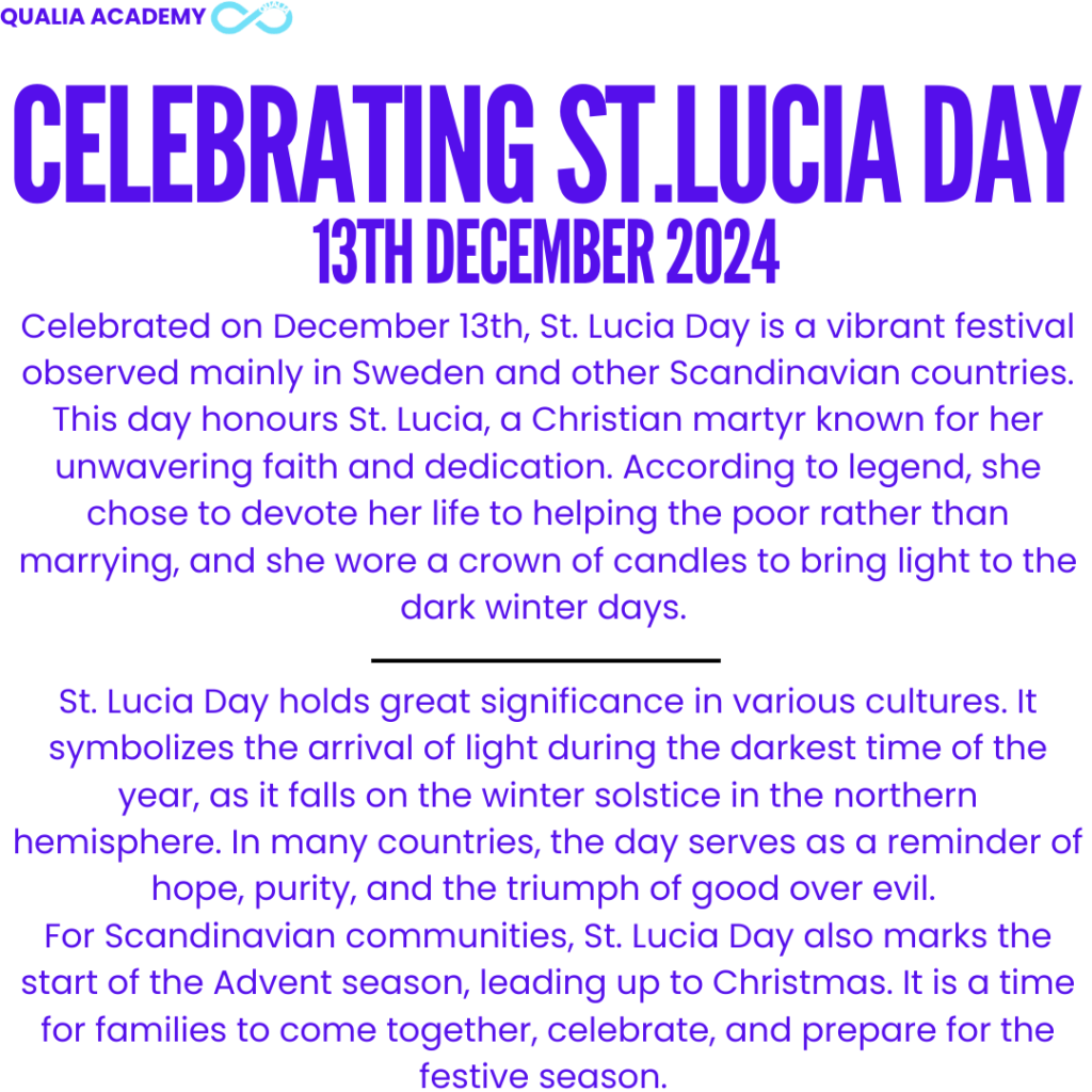 St Lucia day image of information from the first section of the blog along with the date and the title.