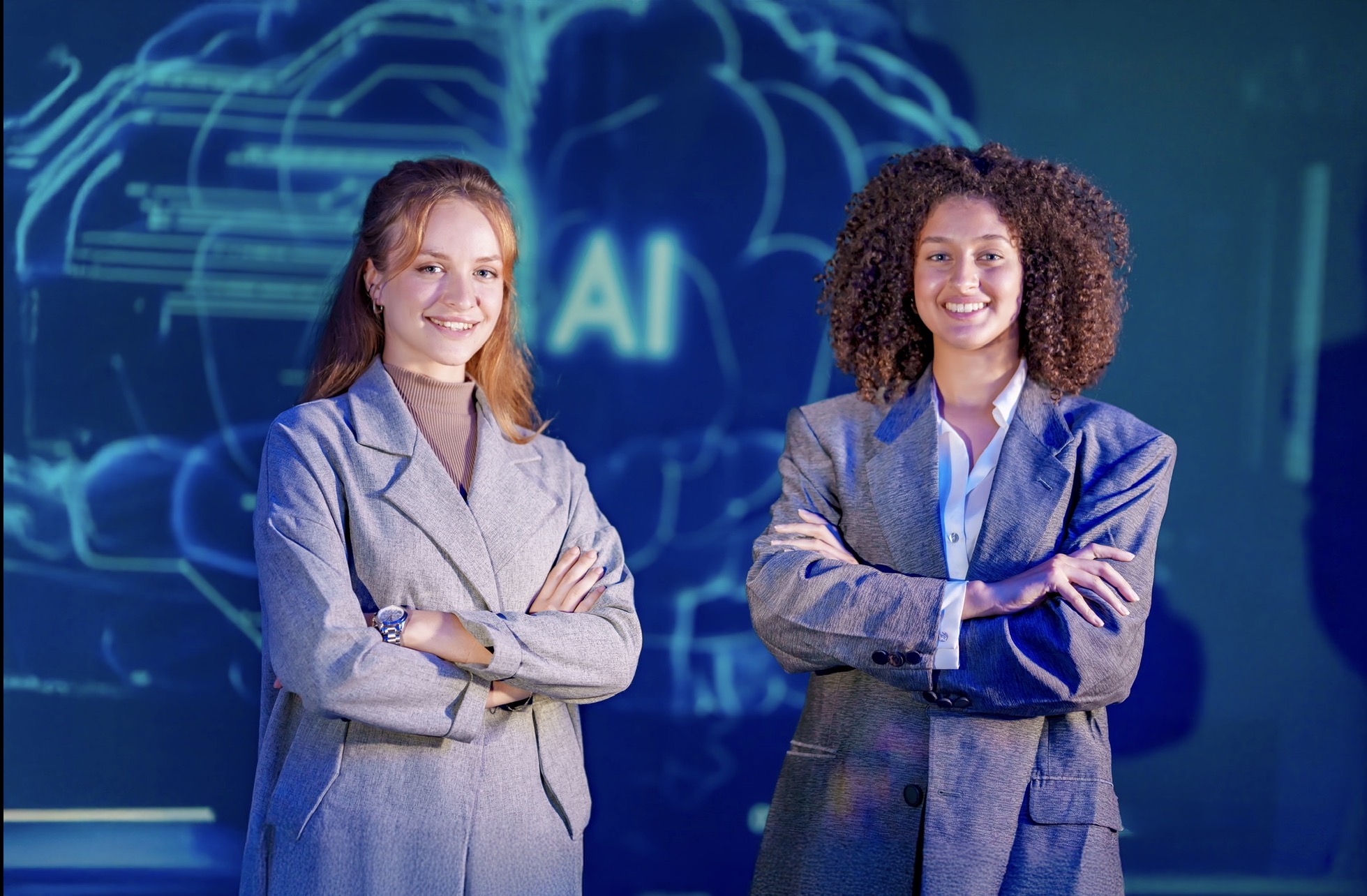 UK apprenticeships. 2 females depicting apprentices of different ethnicities. A digital background with an ai focus
